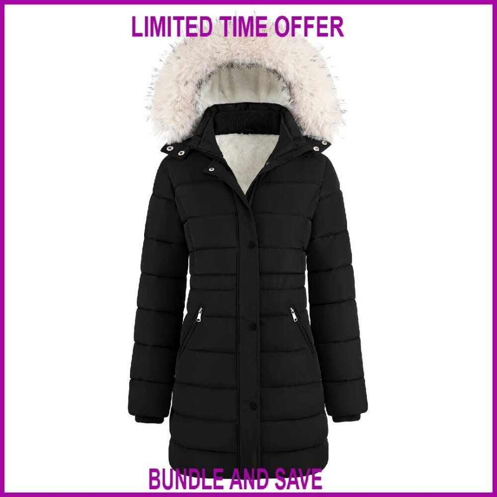 Mid-Length Fleece Lined Puffer Coat with Removable Hood, Thigh-Length Winter